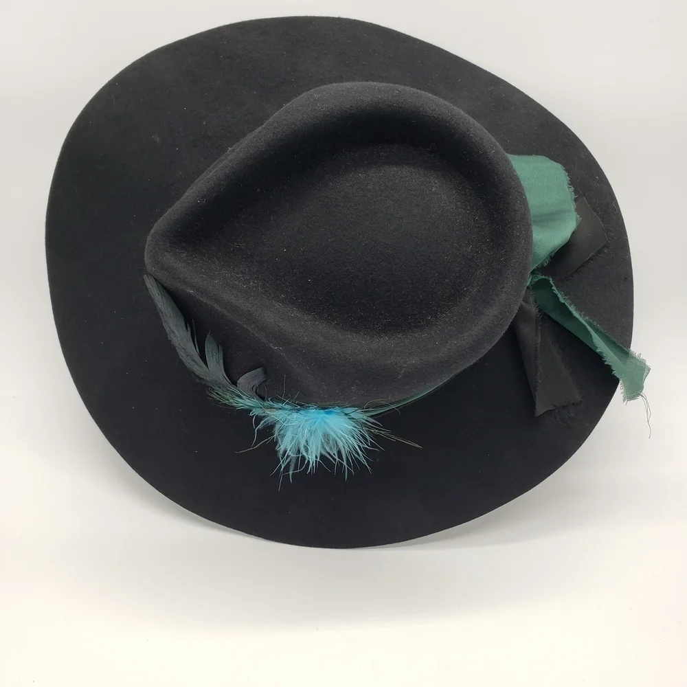 Lack Of Color Med 57cm Black Wool Hat Blue Feather green black band embroidered